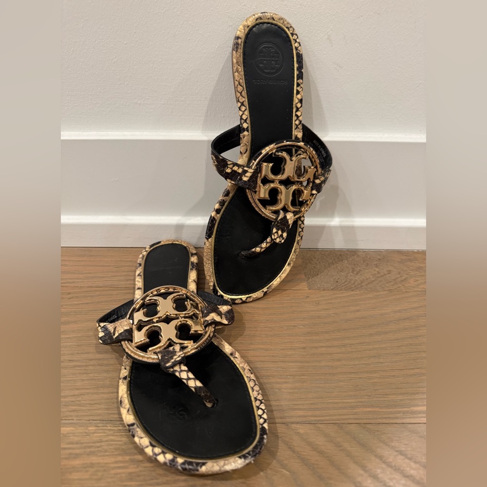 Tory Burch Miller Snakeskin Black and Tan Women's Sandals